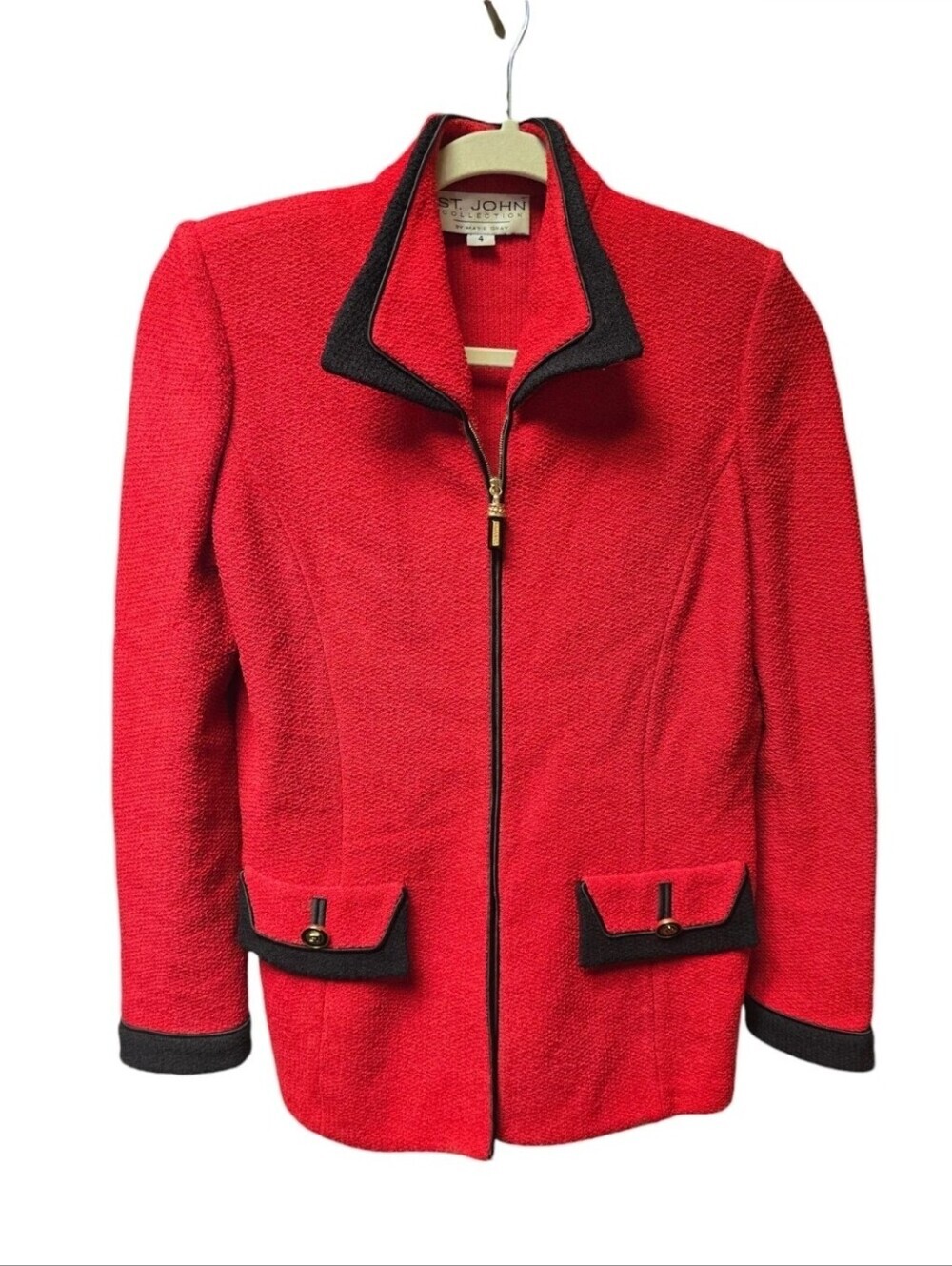 Vtg St. John Collection Marie Gray Red Santana Knit Zip Jacket Suit Sz 4